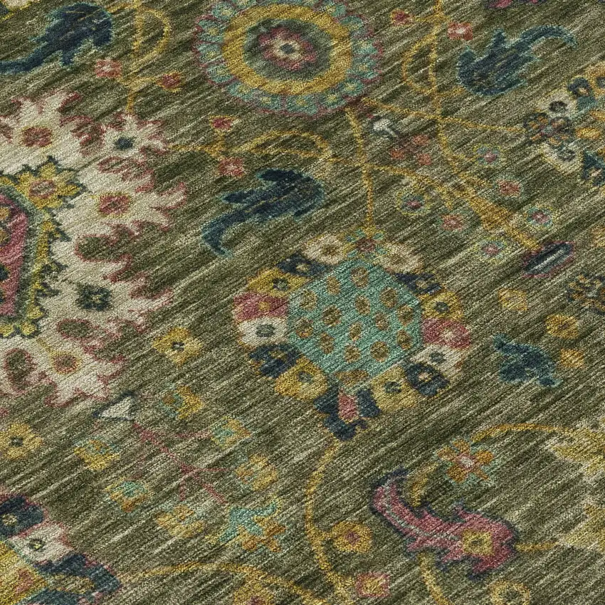 Olive Green Gold And Teal Blue Medallion Washable Indoor Outdoor Area Rug Photo 6