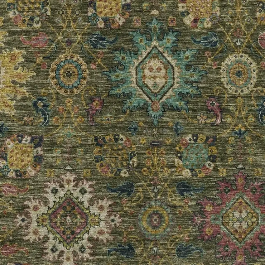 Olive Green Gold And Teal Blue Medallion Washable Indoor Outdoor Area Rug Photo 7