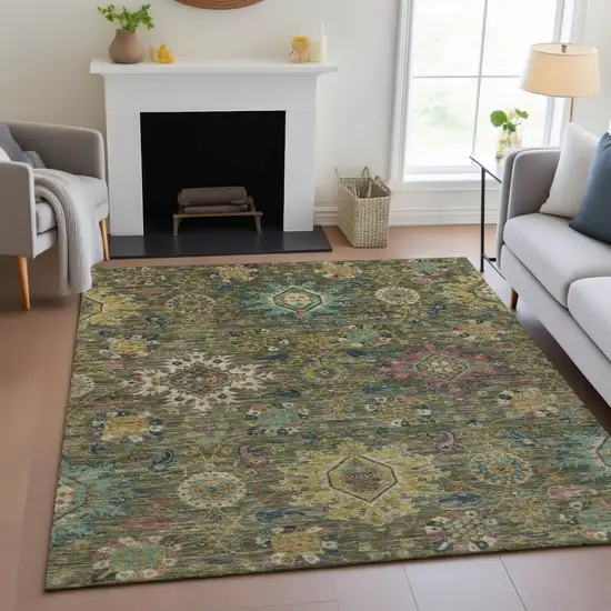 Olive Green Gold And Teal Blue Medallion Washable Indoor Outdoor Area Rug Photo 9