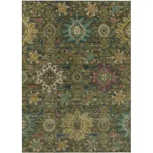 Photo of Olive Green Gold And Teal Blue Medallion Washable Indoor Outdoor Area Rug