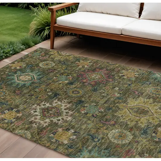 Olive Green Gold And Teal Blue Medallion Washable Indoor Outdoor Area Rug Photo 2