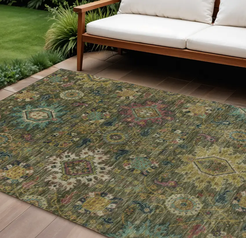 Olive Green Gold And Teal Blue Medallion Washable Indoor Outdoor Area Rug Photo 2