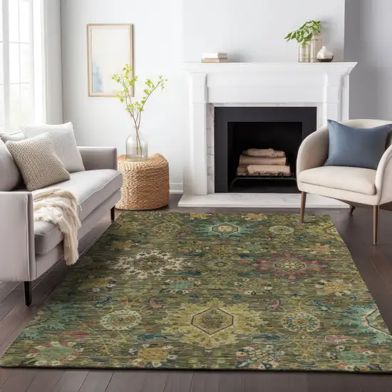 Olive Green Gold And Teal Blue Medallion Washable Indoor Outdoor Area Rug Photo 9