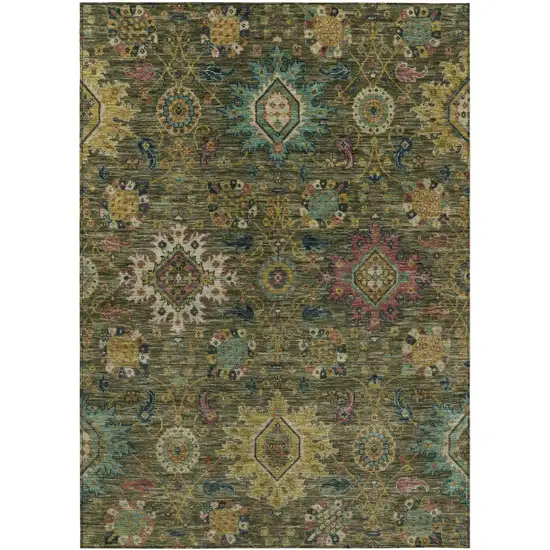 Olive Green Gold And Teal Blue Medallion Washable Indoor Outdoor Area Rug Photo 1