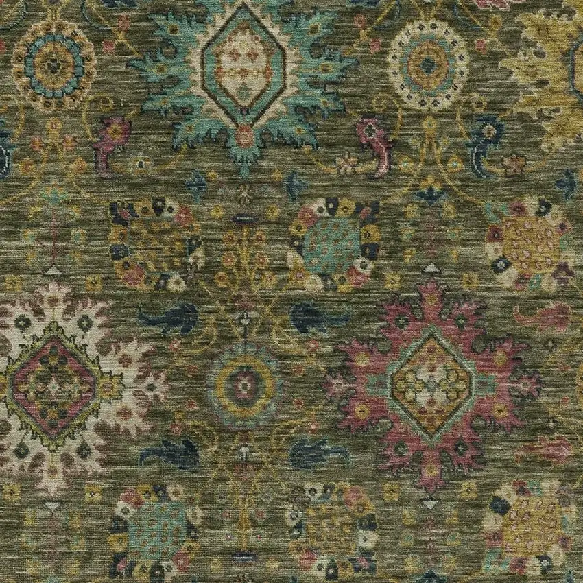 Olive Green Gold And Teal Blue Medallion Washable Indoor Outdoor Area Rug Photo 6