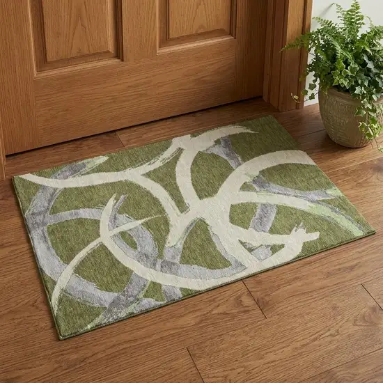 Olive Green Gray And Beige Abstract Washable Area Rug With UV Protection Photo 1