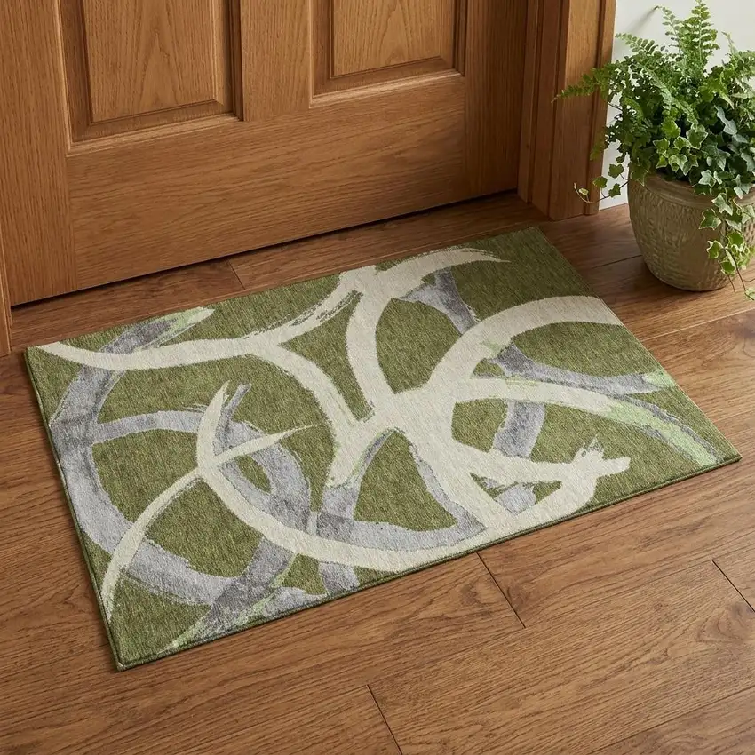 Olive Green Gray And Beige Abstract Washable Area Rug With UV Protection Photo 1