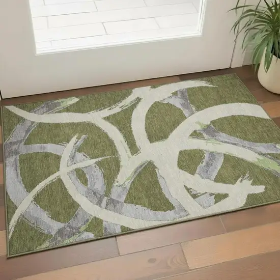 Olive Green Gray And Beige Abstract Washable Area Rug With UV Protection Photo 2