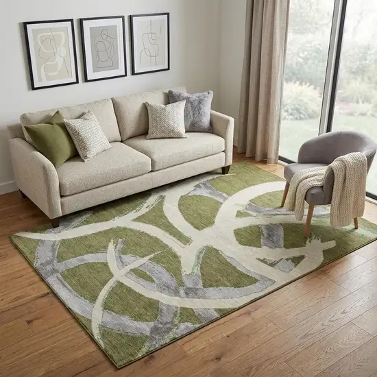 Olive Green Gray And Beige Abstract Washable Area Rug With UV Protection Photo 1