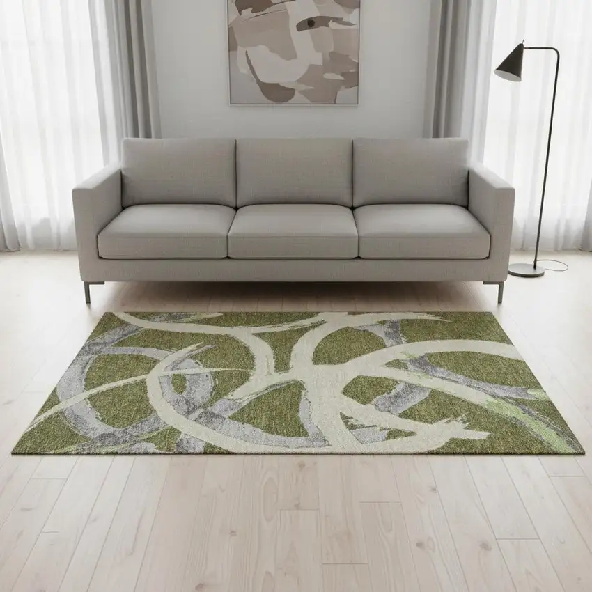 Olive Green Gray And Beige Abstract Washable Area Rug With UV Protection Photo 2