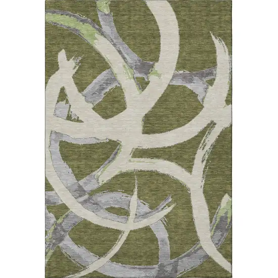 Olive Green Gray And Beige Abstract Washable Area Rug With UV Protection Photo 3