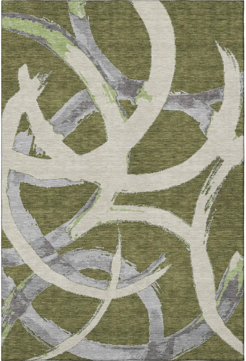 Olive Green Gray And Beige Abstract Washable Area Rug With UV Protection Photo 3