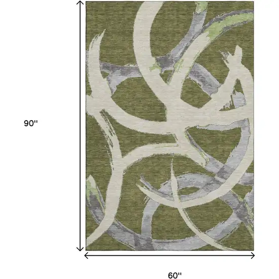 Olive Green Gray And Beige Abstract Washable Area Rug With UV Protection Photo 8
