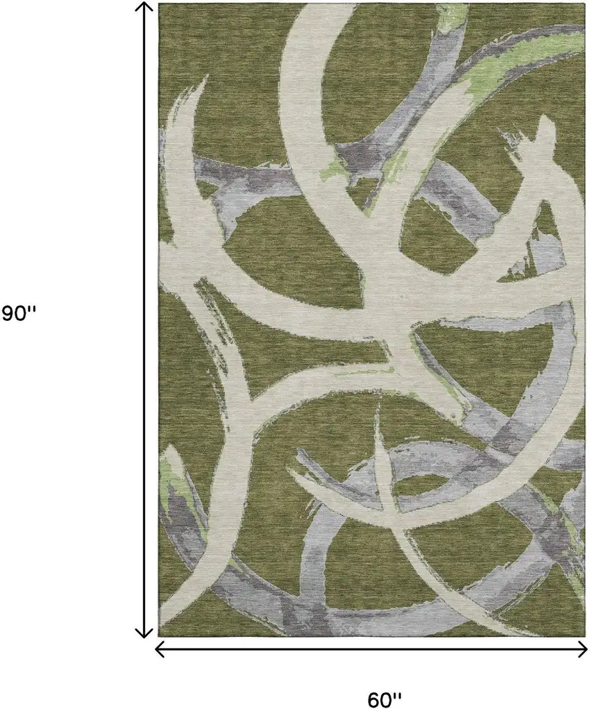 Olive Green Gray And Beige Abstract Washable Area Rug With UV Protection Photo 8