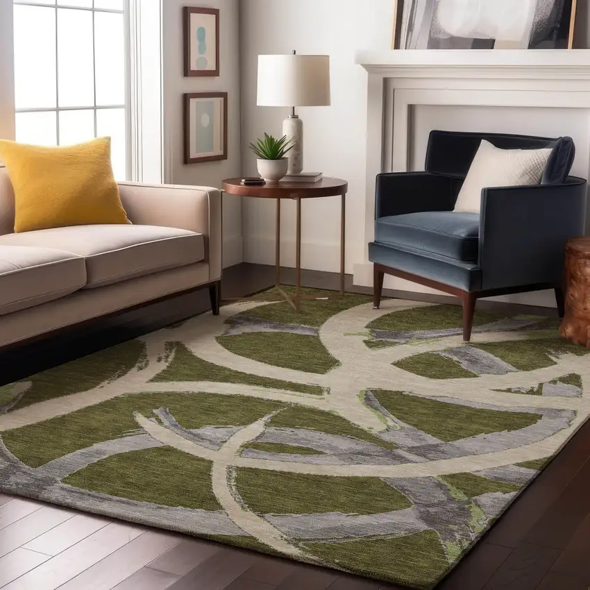 Olive Green Gray And Beige Abstract Washable Area Rug With UV Protection Photo 4