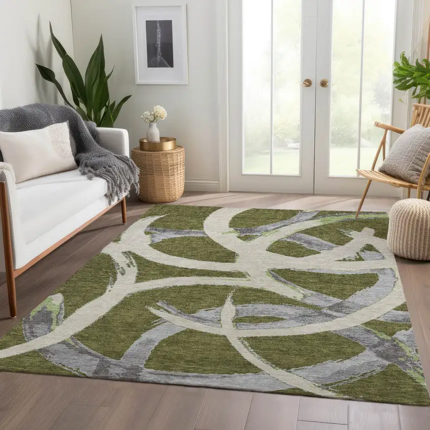 Olive Green Gray And Beige Abstract Washable Area Rug With UV Protection Photo 5