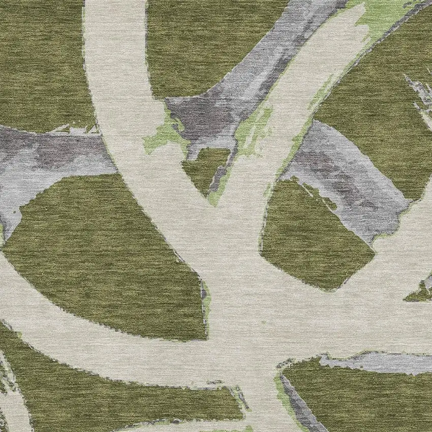 Olive Green Gray And Beige Abstract Washable Area Rug With UV Protection Photo 2