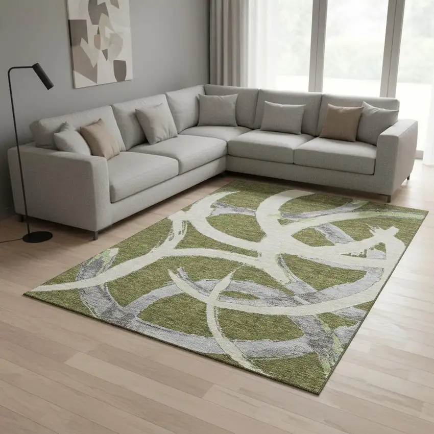 Olive Green Gray And Beige Abstract Washable Area Rug With UV Protection Photo 2