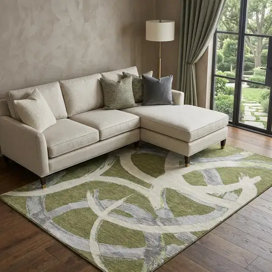 Olive Green Gray And Beige Abstract Washable Area Rug With UV Protection Photo 1