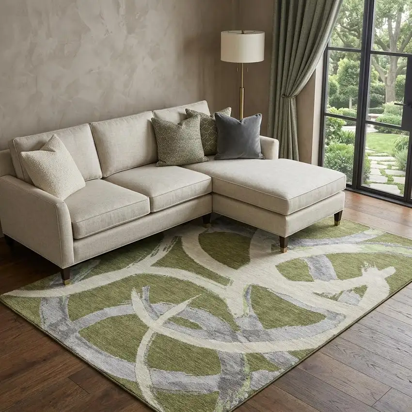 Olive Green Gray And Beige Abstract Washable Area Rug With UV Protection Photo 1