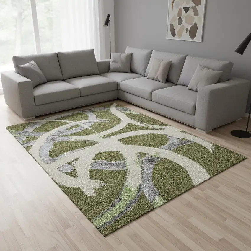 Olive Green Gray And Beige Abstract Washable Area Rug With UV Protection Photo 2