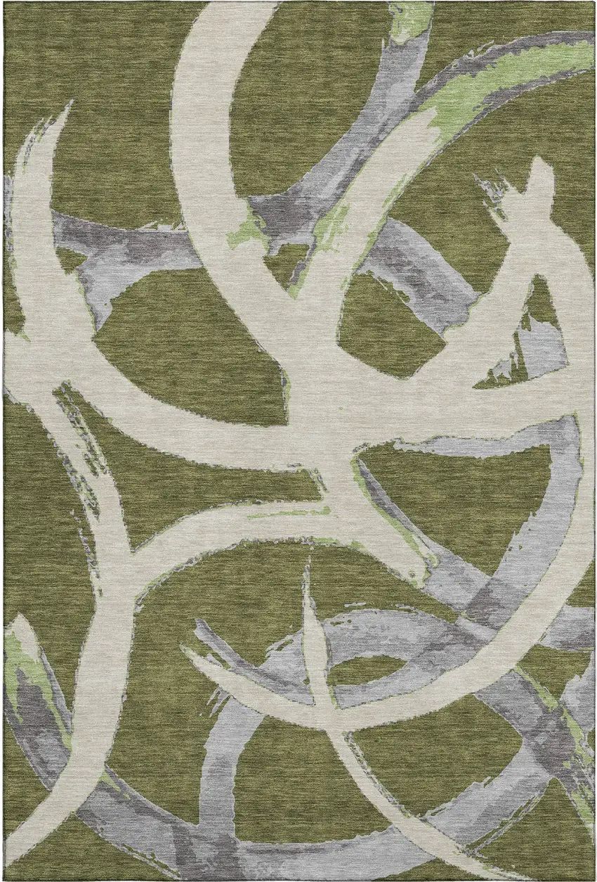 Olive Green Gray And Beige Abstract Washable Area Rug With UV Protection Photo 1