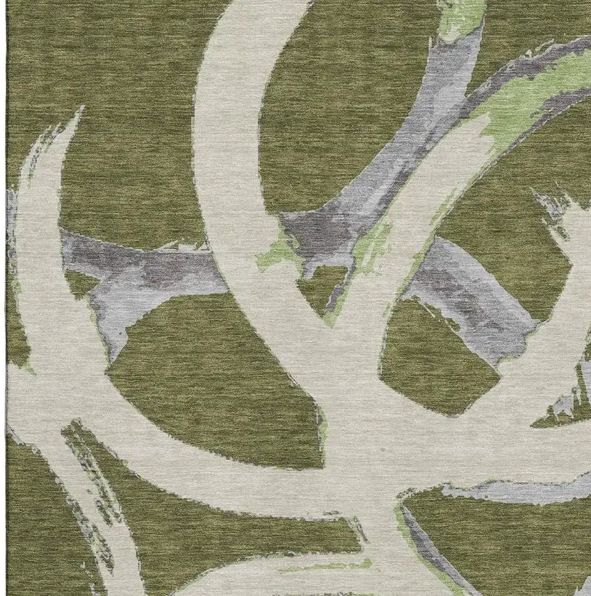 Olive Green Gray And Beige Abstract Washable Area Rug With UV Protection Photo 3