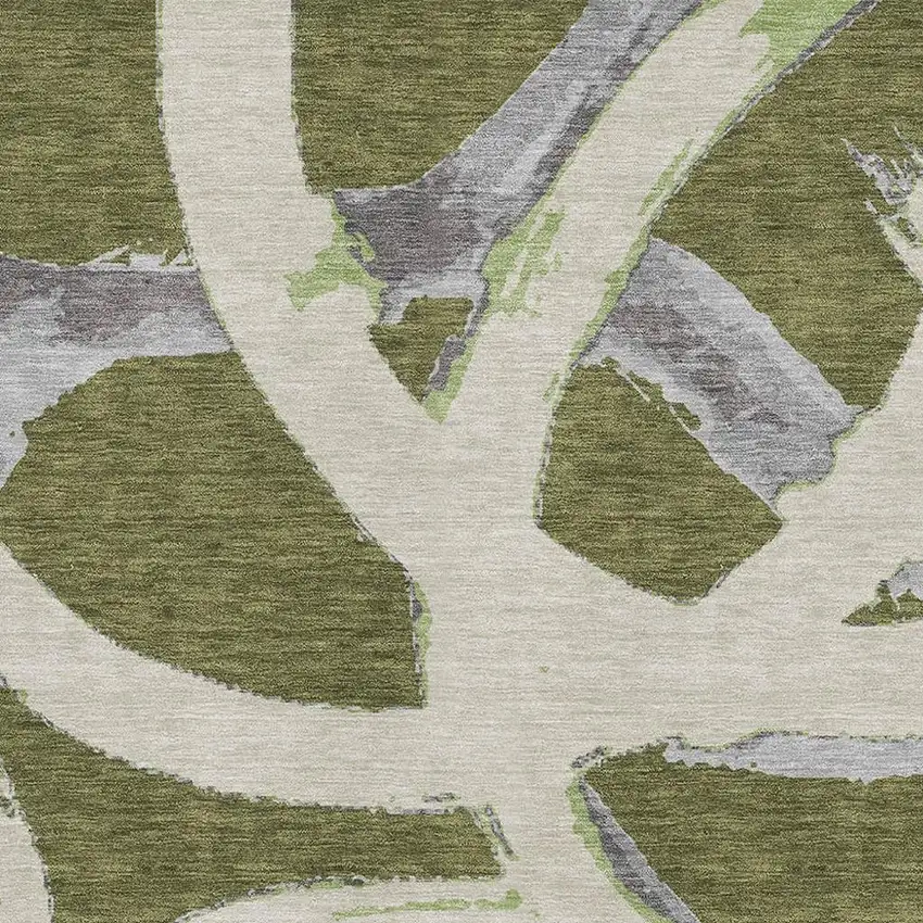 Olive Green Gray And Beige Abstract Washable Area Rug With UV Protection Photo 2