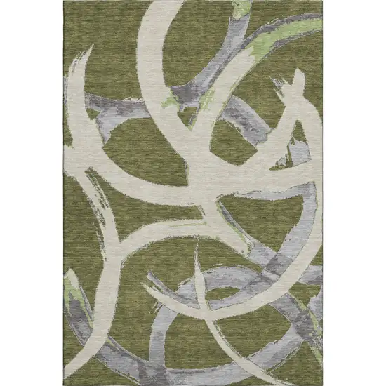 Olive Green Gray And Beige Abstract Washable Area Rug With UV Protection Photo 1
