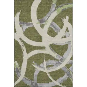 Photo of Olive Green Gray And Beige Abstract Washable Area Rug With UV Protection