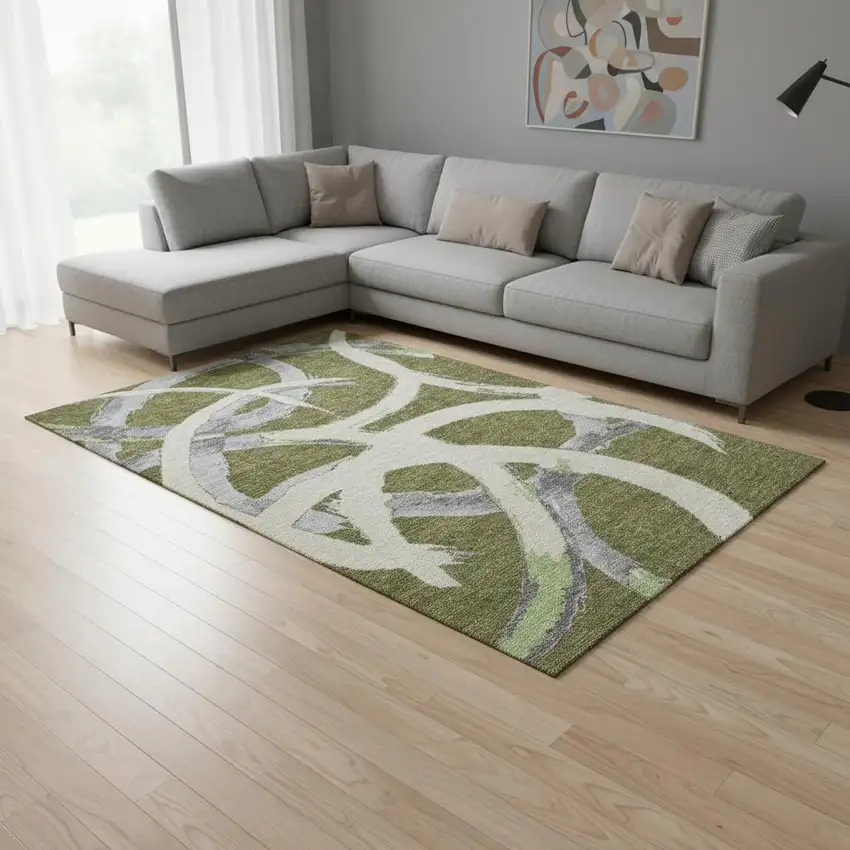 Olive Green Gray And Beige Abstract Washable Area Rug With UV Protection Photo 2