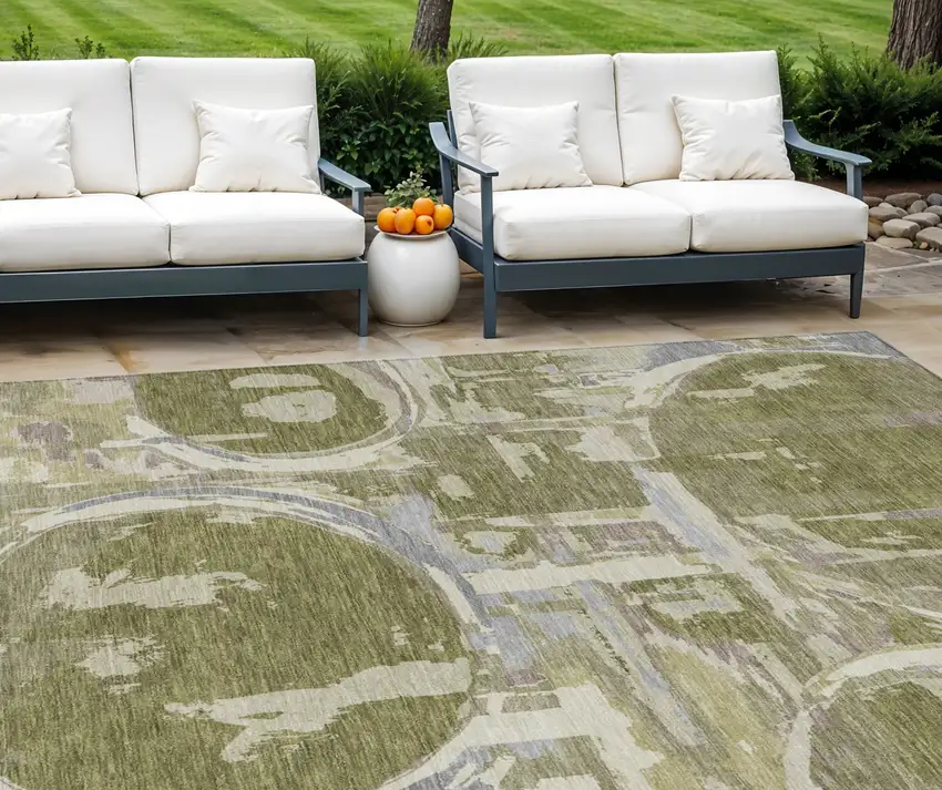Olive Green Gray And Beige Geometric Washable Indoor Outdoor Area Rug Photo 1