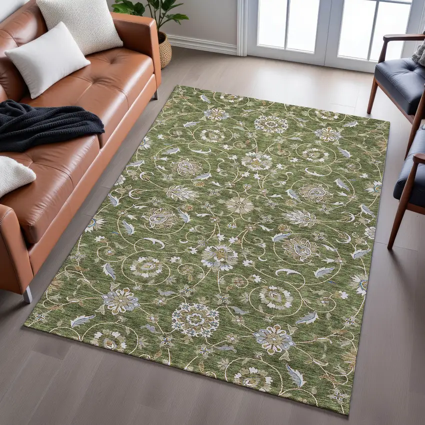 Olive Green Gray And Beige Moroccan Washable Area Rug With UV Protection Photo 5