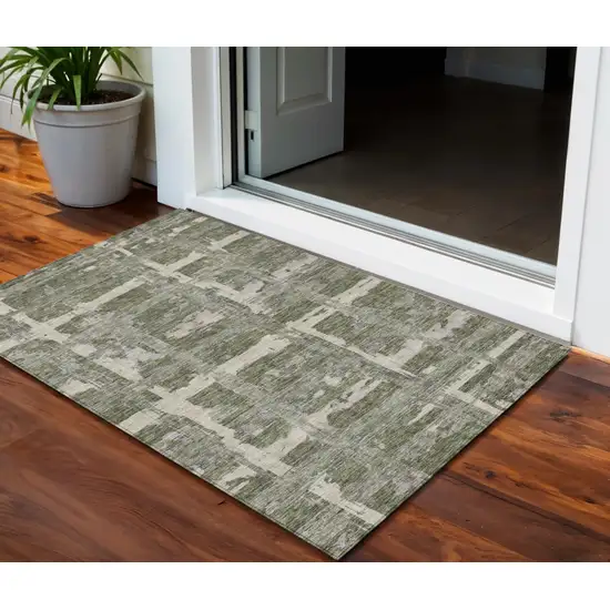 Olive Green Gray And Beige Striped Washable Indoor Outdoor Area Rug Photo 1