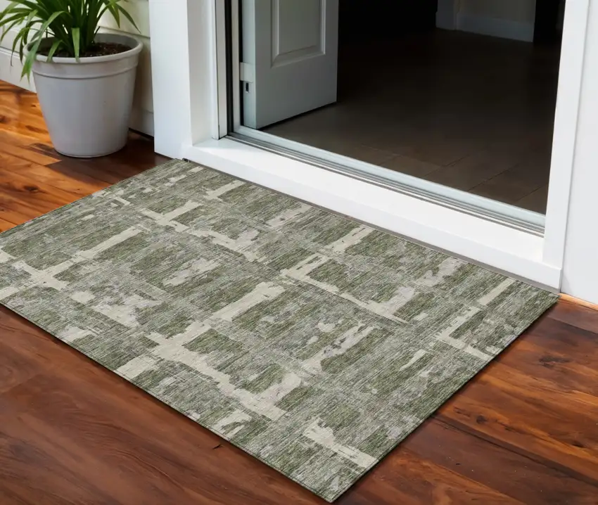Olive Green Gray And Beige Striped Washable Indoor Outdoor Area Rug Photo 1
