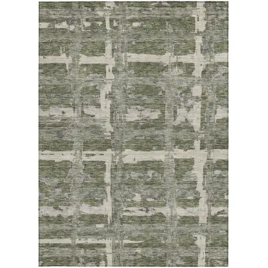 Olive Green Gray And Beige Striped Washable Indoor Outdoor Area Rug Photo 5