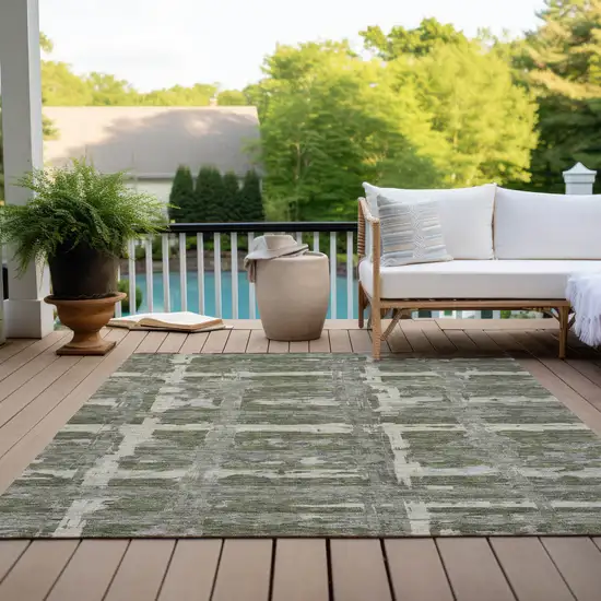 Olive Green Gray And Beige Striped Washable Indoor Outdoor Area Rug Photo 9