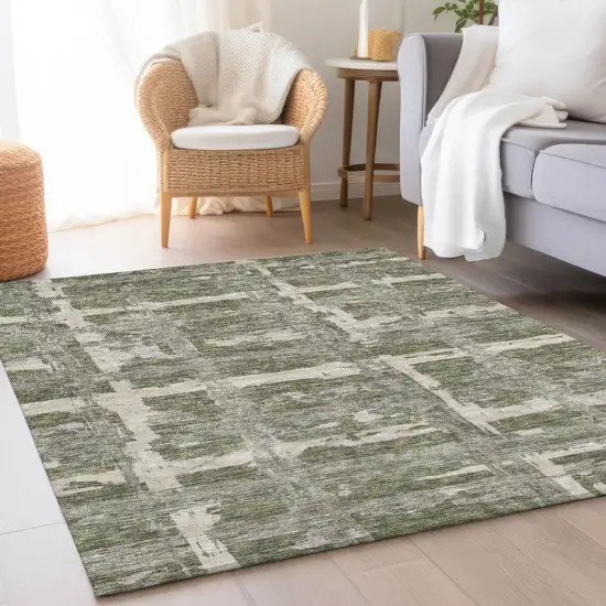 Olive Green Gray And Beige Striped Washable Indoor Outdoor Area Rug Photo 7