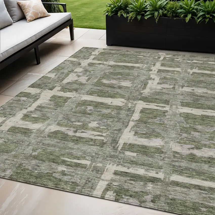 Olive Green Gray And Beige Striped Washable Indoor Outdoor Area Rug Photo 1