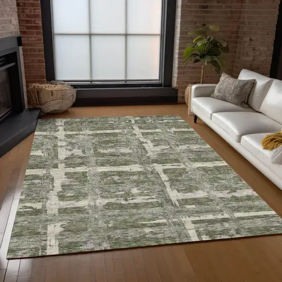 Olive Green Gray And Beige Striped Washable Indoor Outdoor Area Rug Photo 8