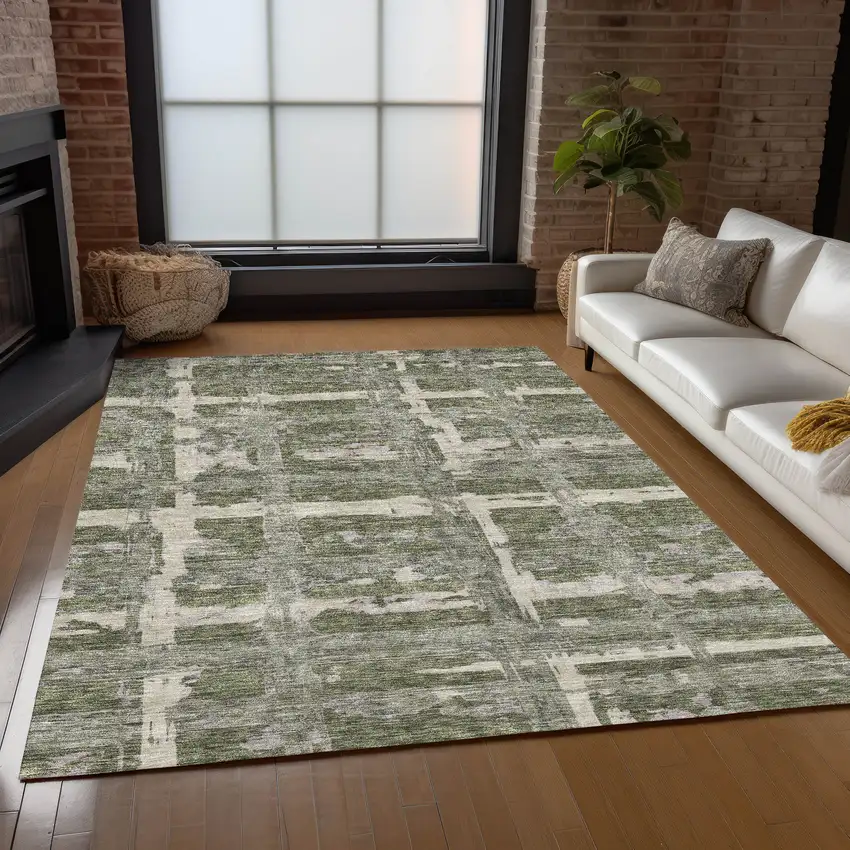Olive Green Gray And Beige Striped Washable Indoor Outdoor Area Rug Photo 8