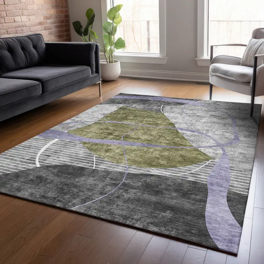 Olive Green Gray And Charcoal Abstract Washable Indoor Outdoor Area Rug Photo 9