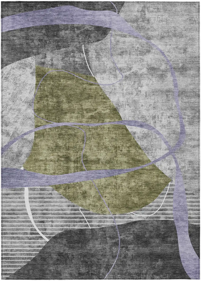 Olive Green Gray And Charcoal Abstract Washable Indoor Outdoor Area Rug Photo 2