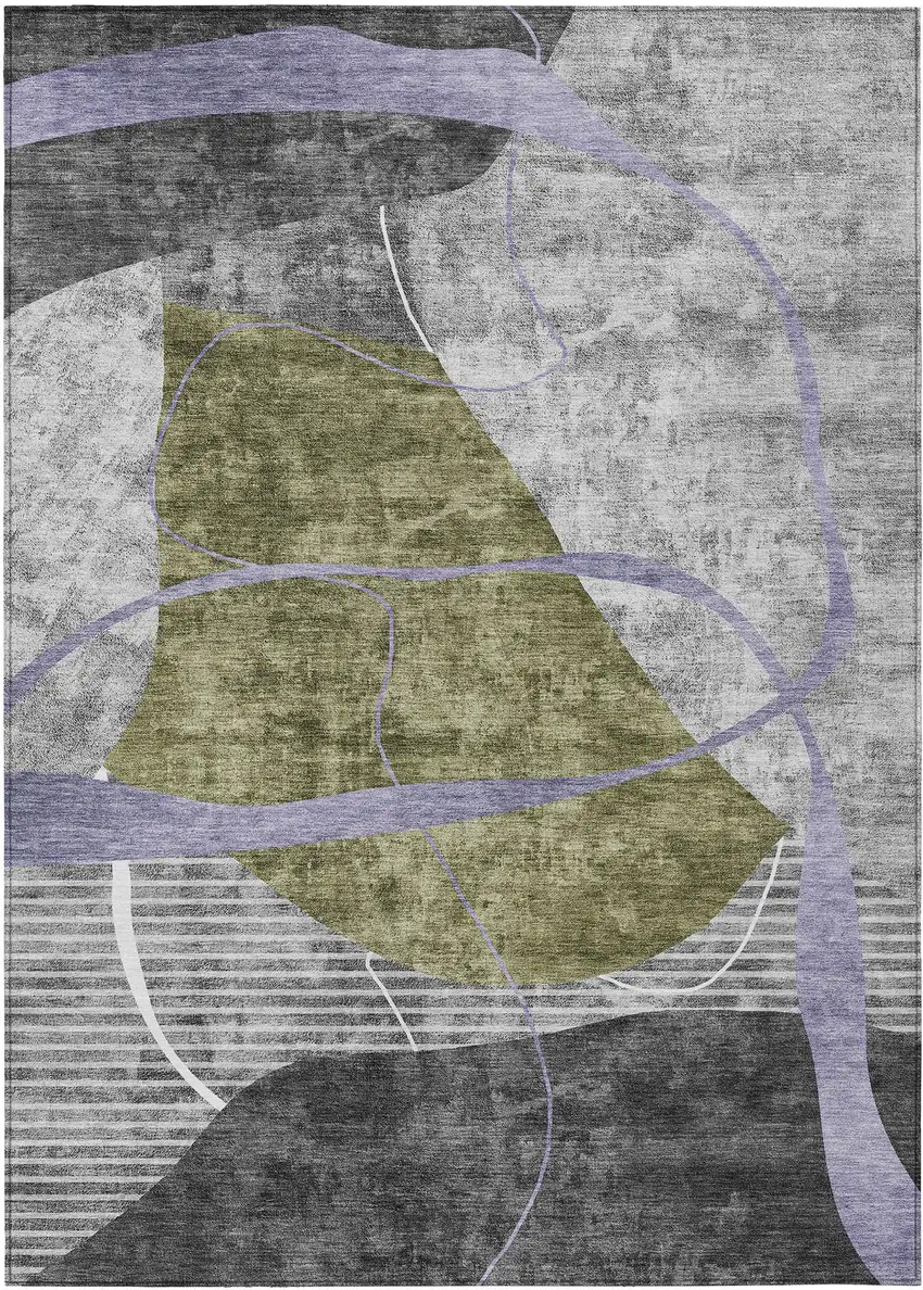 Olive Green Gray And Charcoal Abstract Washable Indoor Outdoor Area Rug Photo 2