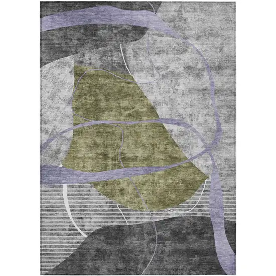 Olive Green Gray And Charcoal Abstract Washable Indoor Outdoor Area Rug Photo 2