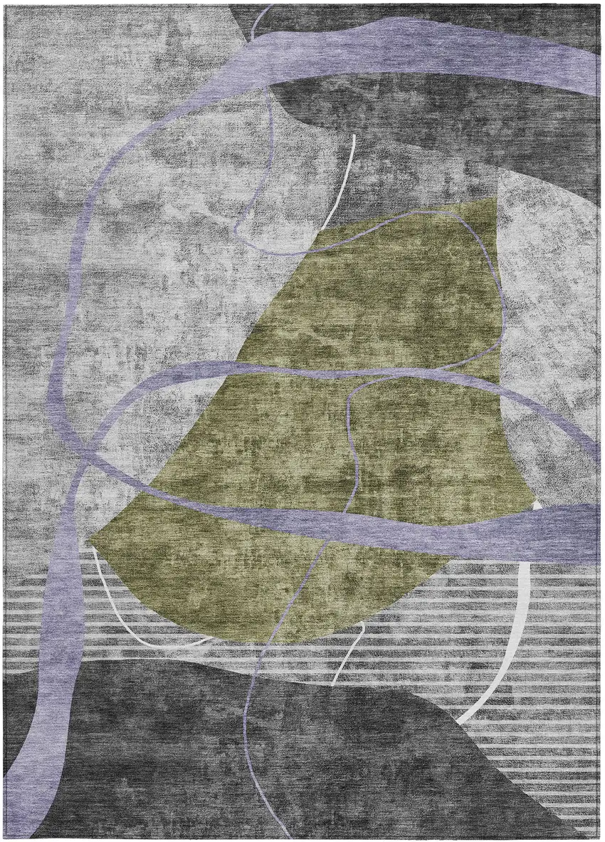Olive Green Gray And Charcoal Abstract Washable Indoor Outdoor Area Rug Photo 7