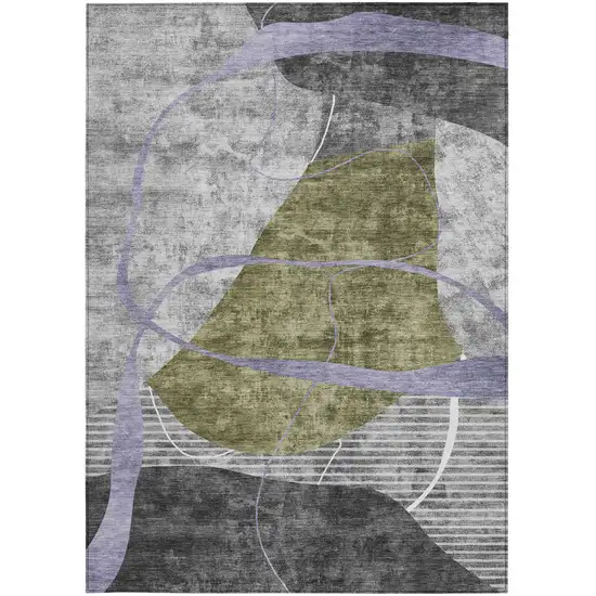 Olive Green Gray And Charcoal Abstract Washable Indoor Outdoor Area Rug Photo 7