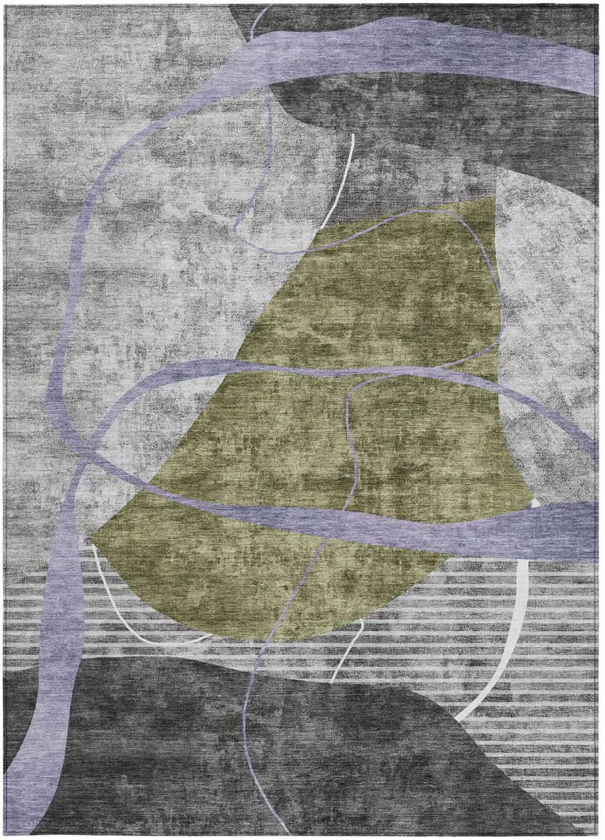 Olive Green Gray And Charcoal Abstract Washable Indoor Outdoor Area Rug Photo 7