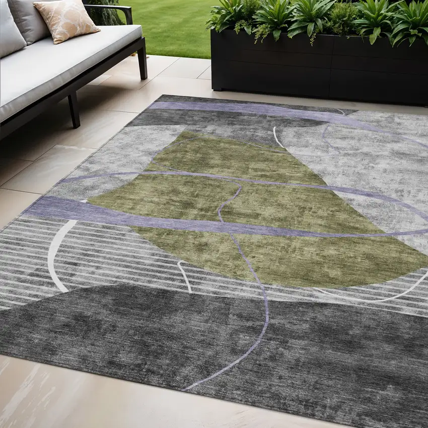 Olive Green Gray And Charcoal Abstract Washable Indoor Outdoor Area Rug Photo 1