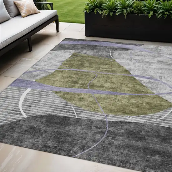 Olive Green Gray And Charcoal Abstract Washable Indoor Outdoor Area Rug Photo 1
